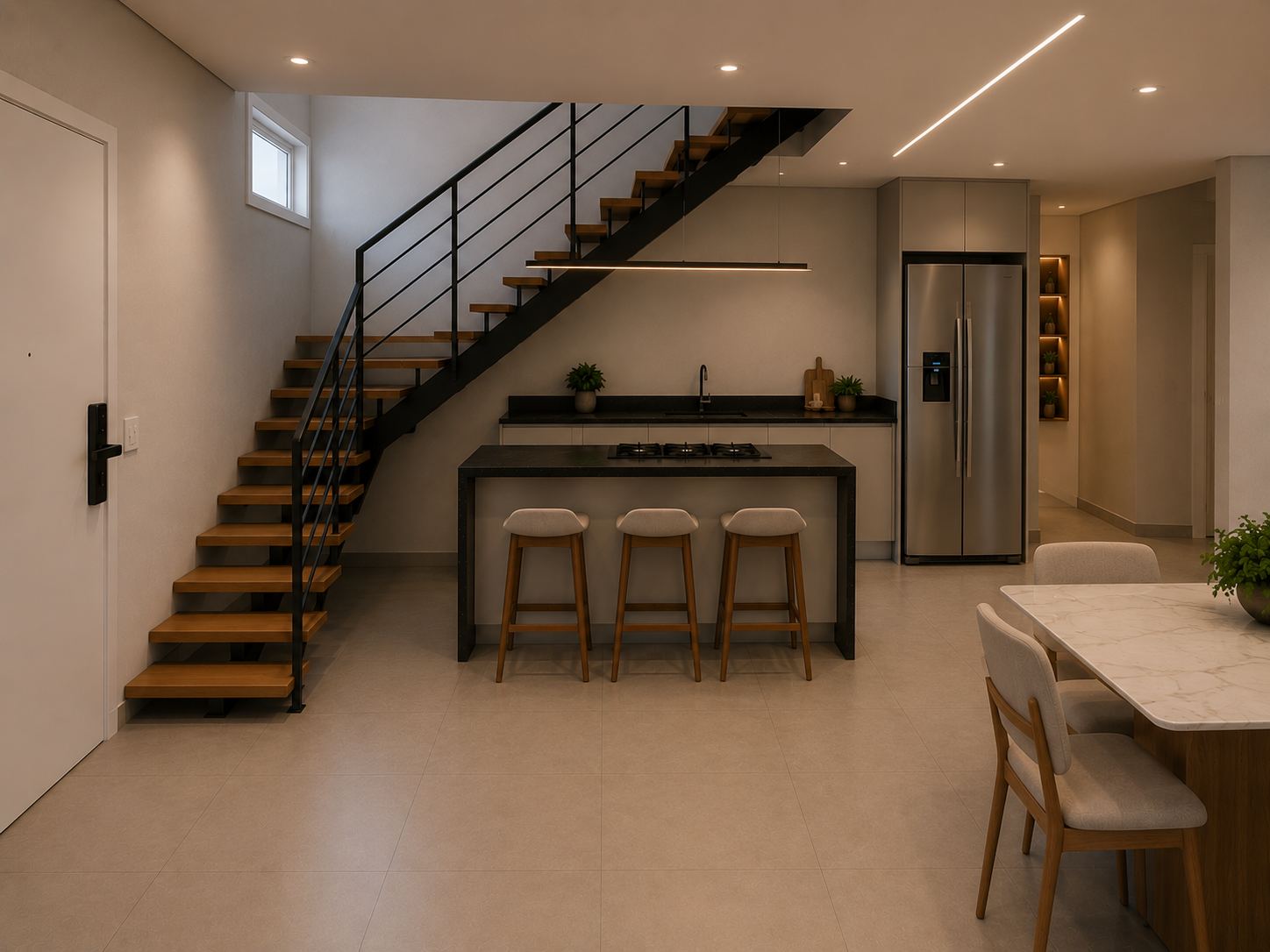Outro ângulo da cozinha e escada da cobertura 601, com bancada e banquetas